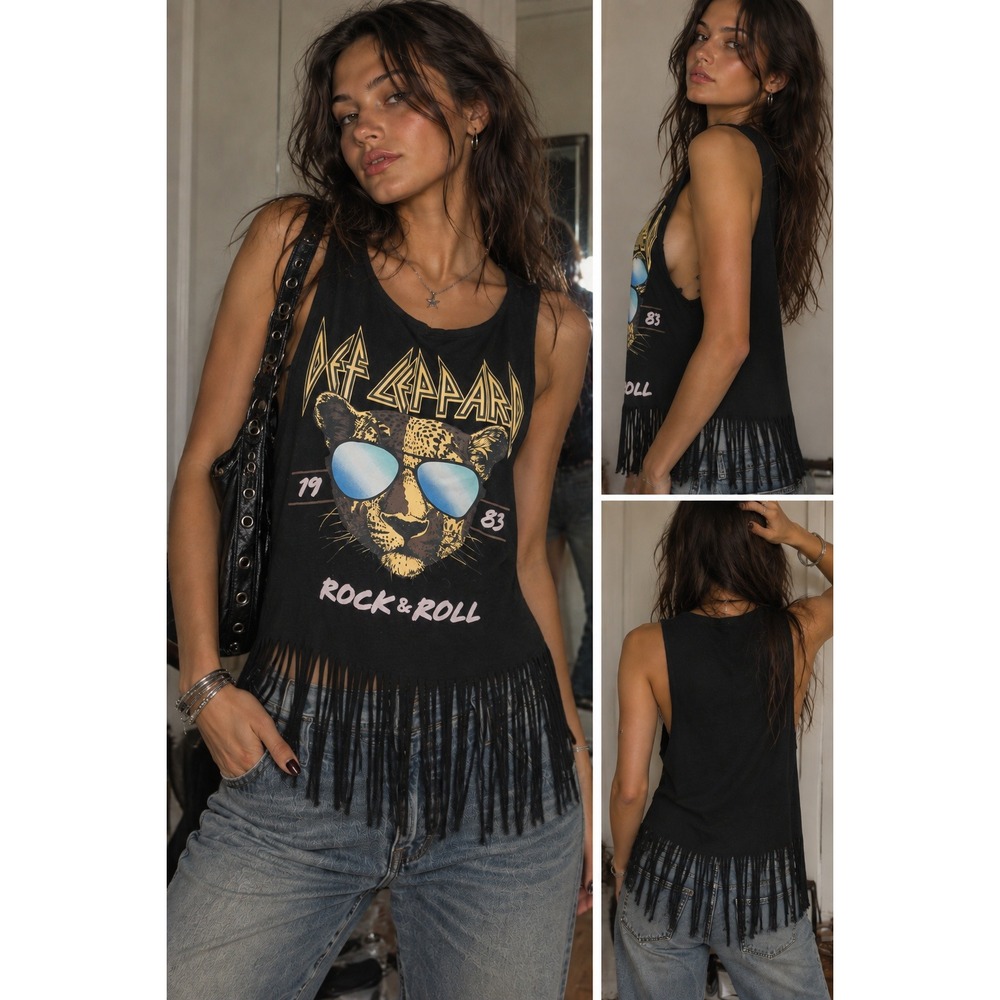 Def Leppard Custom Fringe Graphic Muscle Tank Black Rock & Roll Top Small Medium